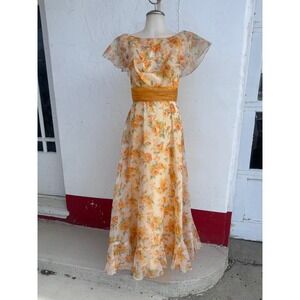 Vintage Sylvia Ann Floral Maxi Dress Orange Yellow Rose Chiffon Gown Size 6